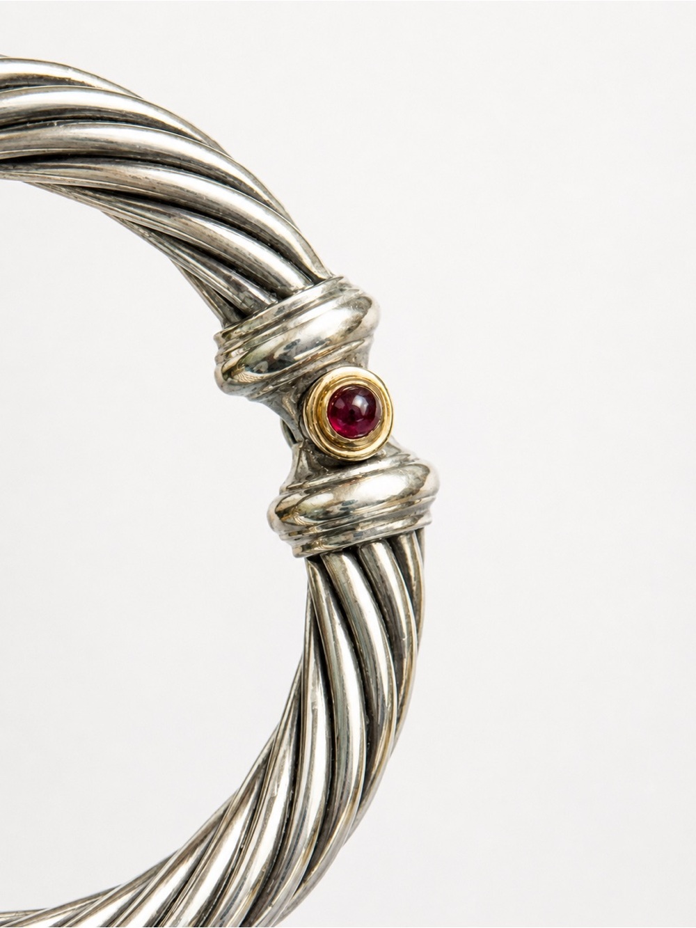 David Yurman Two-Tone Silver and Gold Twisted Cable Bracelet with Green Accent - Picture 6 of 10